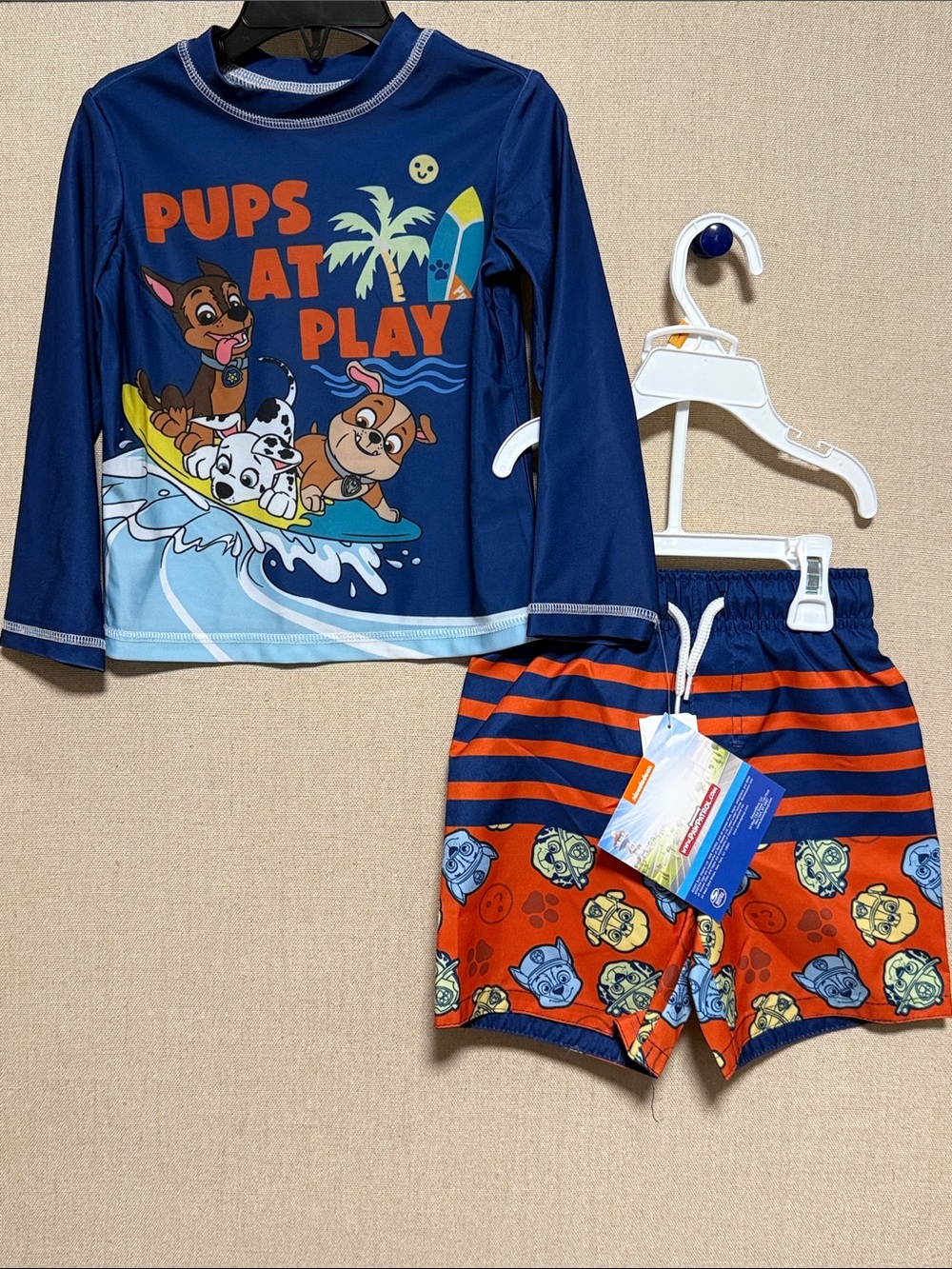 Nickelodeon Paw Patrol Boys 2-Piece Rash Guard Swim Trunks Set Blue Orange 3T